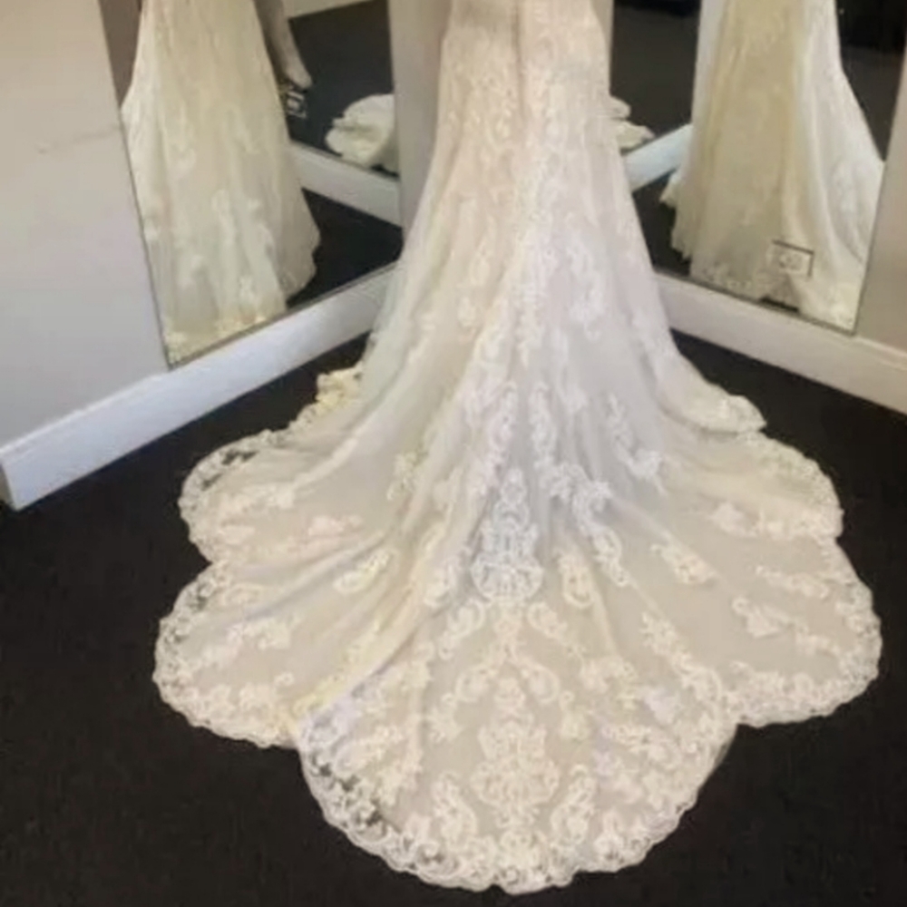 Beautiful, iridescent sequined, lace wedding dress.